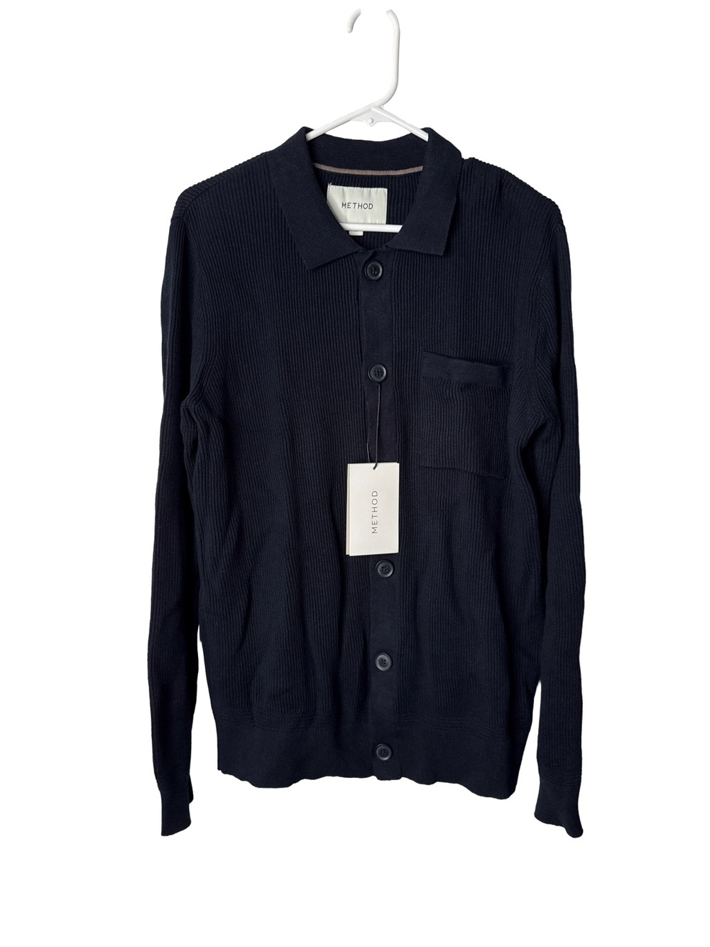 METHOD NWT Men’s Polo Cardigan Sweater Holborn Cotton Button Quiet Luxury Navy M